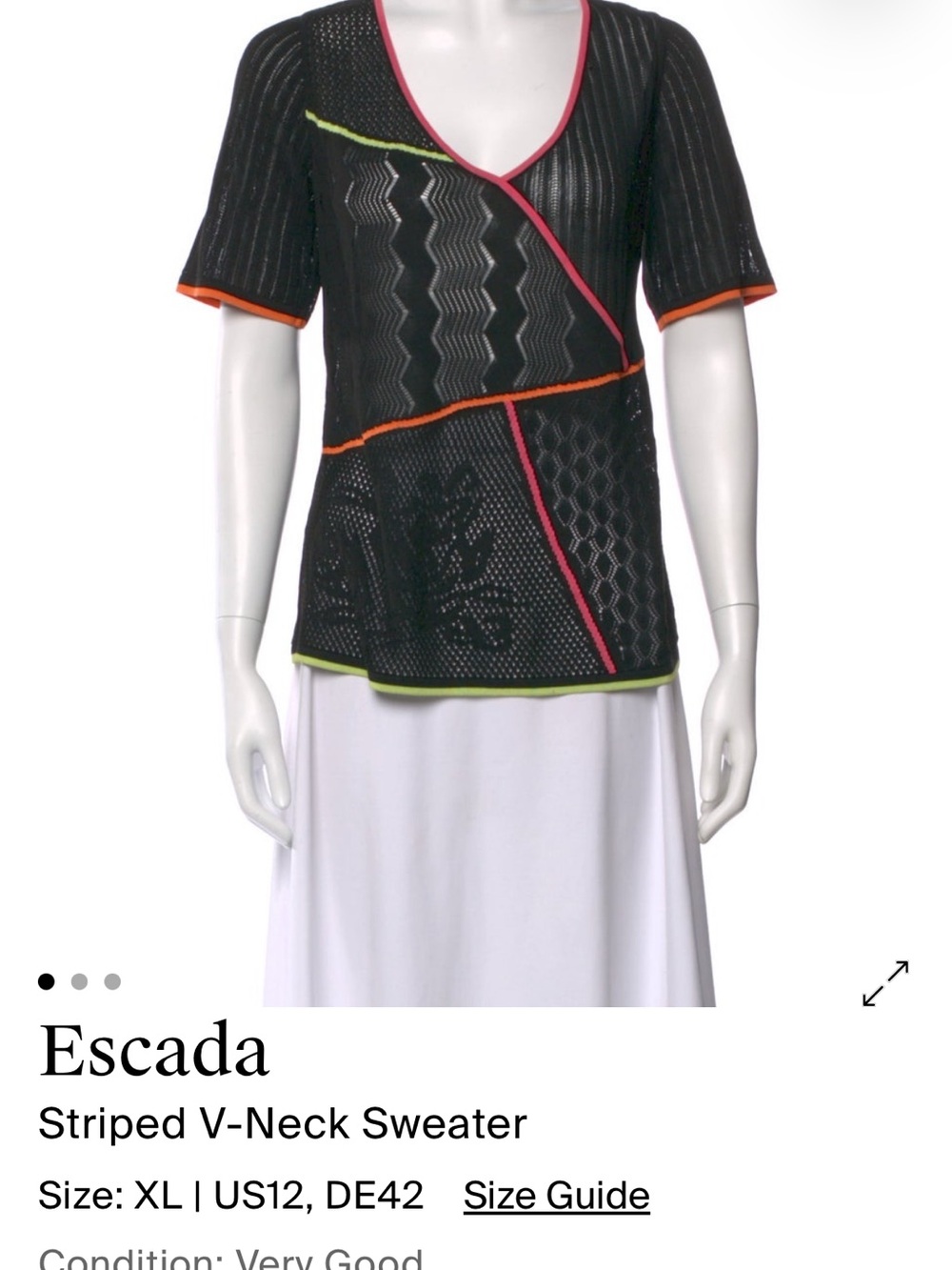 Escada Black Short-Sleeve V-Neck Sweater with Neon Pink, Orange and Lime Trim